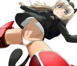 Rule 34 | 1girl, blonde hair, blue eyes, blush, female focus, hat, helma lennartz, kanchou (karaja), long hair, navel, open mouth, panties, simple background, solo, strike witches, strike witches: suomus misfits squadron, tail, underwear, white background, white panties, world witches series