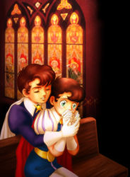 Rule 34 | 1boy, 1girl, bench, brown hair, cape, church, closed eyes, covering own mouth, gloves, green eyes, hetero, hug, hug from behind, indoors, no headwear, own hands clasped, own hands together, pantyhose, prince frank, princess sapphire, puffy sleeves, ribbon no kishi, rikans, short hair, sitting, stained glass, tears, trefoil, window