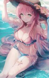 Rule 34 | 1girl, arms up, bikini, braid, breasts, choker, cleavage, commission, crown braid, feet out of frame, flower, frilled bikini, frills, green eyes, hand on headwear, hat, hat flower, hibiscus, in water, kagefumi, long hair, looking at viewer, medium breasts, navel, original, pink eyes, red choker, see-through swimsuit, sitting, smile, solo, straw hat, swimsuit, thighs, very long hair, water drop, wet