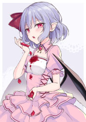 Rule 34 | 1girl, adapted costume, ambiguous red liquid, arm up, bat wings, beni kurage, blush, bow, breasts, brooch, collarbone, collared dress, commentary, dress, english commentary, eyelashes, fang, fingernails, frilled dress, frilled sleeves, frills, gem, grey background, hair bow, unworn headwear, highres, jewelry, light purple hair, looking at viewer, open mouth, petals, pink dress, pointy ears, puffy short sleeves, puffy sleeves, red bow, red eyes, red gemstone, remilia scarlet, short hair, short sleeves, sidelocks, simple background, small breasts, solo, stained clothes, standing, touhou, upper body, wing collar, wings