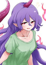 Rule 34 | 1girl, :d, blush, breasts, collarbone, commentary request, fire, from above, green shirt, hair between eyes, highres, horns, jaggy lines, light smile, long hair, looking at viewer, medium breasts, open mouth, pointy ears, purple hair, red eyes, scavia10, shirt, short sleeves, signature, simple background, single horn, sleepy, smile, solo, squeans, tail, tenkajin chiyari, tongue, touhou, upper body, very long hair, white background