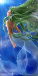 Rule 34 | 1girl, artist name, back, breasts, bubble, dated, from behind, green hair, long hair, mermaid, monster girl, original, solo, sparkle, topless, underwater, yukimi daifuku (taritari kikaku)