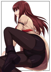Rule 34 | 1girl, armband, ass, blue eyes, blush, border, brown hair, cameltoe, fat mons, highres, jacket, long hair, makise kurisu, necktie, pantyhose, pantyhose under shorts, profile, red hair, red necktie, shichimenchou, shoes, shorts, simple background, solo, steins;gate, trefoil