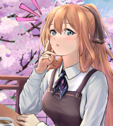 Rule 34 | 1girl, 3 small spiders, apron, blue eyes, blush, breasts, brown apron, brown ribbon, cherry blossoms, coffee, coffee cup, collared shirt, commentary request, cup, disposable cup, falling petals, girls&#039; frontline, hair ribbon, hand on own face, hand on table, highres, long hair, looking at viewer, medium breasts, open mouth, orange hair, outdoors, petals, ponytail, ribbon, shirt, sidelocks, sitting, smile, solo focus, springfield (girls&#039; frontline), table, tree, upper body, white shirt