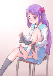 Rule 34 | 1girl, ass, barefoot, black socks, blue eyes, blue sailor collar, blue skirt, blush, bow, brown background, chair, closed mouth, commentary request, feet, fingernails, flying sweatdrops, gradient background, hair bow, highres, holding, kaguya madoka, knee up, kneehighs, unworn kneehighs, lace, lace-trimmed panties, lace trim, long hair, long sleeves, looking away, ogry ching, on chair, panties, pantyshot, pink bow, pleated skirt, precure, purple hair, sailor collar, school chair, shirt, sitting, skirt, socks, soles, solo, star twinkle precure, toes, underwear, upskirt, very long hair, wavy mouth, white background, white panties, white shirt
