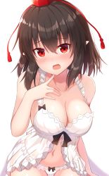Rule 34 | 1girl, absurdres, babydoll, bare arms, bare shoulders, black bow, blush, bow, breasts, brown hair, cleavage, collarbone, commentary, cowboy shot, finger to own chin, frilled panties, frills, hat, highres, large breasts, lingerie, long hair, looking at viewer, navel, open mouth, panties, pointy ears, red eyes, red hat, shameimaru aya, simple background, smile, solo, tassel, tksand, tokin hat, touhou, underwear, underwear only, white background, white panties