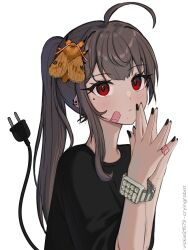 Rule 34 | 1girl, ahoge, animal, animal on head, bandaid, bandaid on cheek, bandaid on face, bandaid on hand, black nails, black shirt, brown hair, bug, cable, cable tail, closed mouth, commentary, ear piercing, electric plug, highres, insect, computer keyboard, long hair, looking at viewer, mechanical tail, mole, mole under eye, moth, nail polish, on head, original, own hands together, piercing, ponytail, red eyes, shirt, short sleeves, simple background, single sidelock, solo, steepled fingers, tail, upper body, vickie (cryingrobot), vickie (cryingrobot) (character), watch, white background, wristwatch