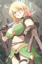 Rule 34 | 1girl, black panties, blonde hair, blush, breasts, brown gloves, cleavage, clenched teeth, commentary request, commission, forest, gloves, highres, holding, holding sword, holding weapon, korean commentary, large breasts, looking at viewer, nature, one eye closed, original, outdoors, panties, pointy ears, smile, solo, sword, teeth, tree, twin (tt lsh), underwear, v, weapon