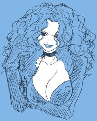 Rule 34 | 1girl, alabasta, blue hair, breasts, cleavage, coat, collarbone, fur coat, large breasts, long hair, one piece, paula (one piece), smile, solo, spikes, wavy hair
