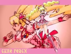 Rule 34 | 00s, 1girl, blonde hair, boots, bow, character name, corset, cure peach, fresh precure!, fuchi minoru, full body, hair ornament, hairpin, heart, heart hair ornament, knee boots, long hair, magical girl, momozono love, pink background, pink bow, pink eyes, pink footwear, pink theme, precure, puffy sleeves, solo, twintails, wrist cuffs