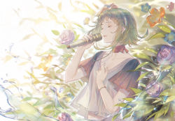 Rule 34 | 1girl, blue flower, bracelet, choker, closed eyes, collarbone, flower, frilled sleeves, frills, green hair, gumi, hair flower, hair ornament, hairband, hand on own chest, highres, holding, holding microphone, jewelry, microphone, midriff peek, music, open mouth, orange flower, outdoors, purple flower, purple rose, qingshui ai, red ribbon, ribbon, ribbon choker, rose, shirt, short hair with long locks, short sleeves, singing, solo, sparkle, upper body, vocaloid, water drop