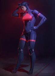 Rule 34 | 1girl, android, belt, black hair, cyberpunk, elster (signalis), full body, highres, joints, looking at viewer, metal skin, muscular, muscular female, no feet, poochiccini, robot girl, robot joints, short hair, signalis