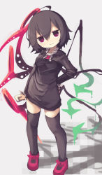 Rule 34 | 1girl, absurdres, ahoge, asymmetrical wings, black dress, black hair, black thighhighs, breasts, chii (tsumami tsumamare), closed mouth, different shadow, dress, full body, green wings, hair between eyes, hand on own hip, highres, houjuu nue, long sleeves, looking at viewer, red footwear, red wings, short hair, simple background, smile, solo, standing, thighhighs, touhou, white background, wings