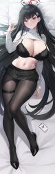 Rule 34 | 1girl, absurdres, black bra, black hair, black pantyhose, black skirt, blue archive, blunt bangs, blush, bra, breasts, cleavage, clothes lift, commentary, dakimakura (medium), english commentary, full body, hair ornament, hairclip, halo, highres, large breasts, long hair, long sleeves, looking at viewer, lying, navel, on back, pantyhose, pleated skirt, preview (preview0), red eyes, rio (blue archive), signature, skirt, solo, stomach, sweater, sweater lift, turtleneck, turtleneck sweater, underwear, very long hair, white sweater
