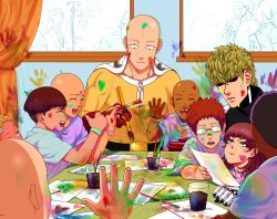 Rule 34 | bald, blonde hair, brown hair, cup, curtains, cyborg, dirty, doctor, earrings, closed eyes, freckles, frown, genos, glasses, hat, jewelry, mask, mouth mask, nail polish, nurse, one-punch man, open mouth, paint, paintbrush, red hair, saitama (one-punch man), smile, stud earrings, surgical mask, tariah furlow, tooth gap, unfinished, water, window