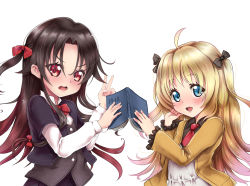 Rule 34 | 10s, 2girls, :d, ahoge, bad id, bad pixiv id, belt, black bow, black jacket, black shirt, black skirt, blonde hair, blue eyes, blush, book, bow, brown belt, brown hair, charlotte izoard, chunyan, collared shirt, dress, fingernails, gradient hair, hair between eyes, hair bow, hands up, highres, holding, holding book, jacket, layered sleeves, long hair, long sleeves, multicolored hair, multiple girls, necktie, one side up, open book, open clothes, open jacket, open mouth, red eyes, red hair, red neckwear, ryuuou no oshigoto!, shirt, short necktie, short over long sleeves, short sleeves, simple background, skirt, smile, two side up, v, very long hair, white background, white dress, white shirt, wide sleeves, yashajin ai, yellow jacket