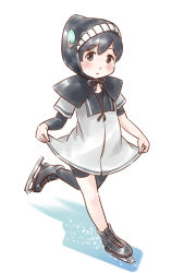 Rule 34 | 1girl, abyssal ship, adapted costume, asymmetrical clothes, black bodysuit, black hair, black sailor collar, bodysuit, bodysuit under clothes, brown eyes, commentary request, cosplay, dress, dress shirt, hiburi (kancolle), hood, i-class destroyer, i-class destroyer (cosplay), ice skates, ice skating, kantai collection, karasu (naoshow357), looking at viewer, sailor collar, shirt, short hair, simple background, skates, skating, solo, teeth, white background, white dress