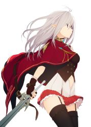 Rule 34 | 1girl, cape, garter straps, itsui (dihydrogenmonoxid), long hair, minase yuu, pointy ears, simple background, skirt, solo, sword, thighhighs, weapon, white hair