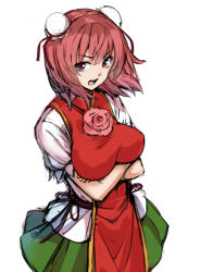 Rule 34 | 1girl, bad id, bad pixiv id, breasts, bun cover, crossed arms, double bun, artistic error, female focus, flower, hair bun, ibaraki kasen, large breasts, looking at viewer, open mouth, pink flower, pink rose, puffy short sleeves, puffy sleeves, red eyes, red hair, rose, shirt, short sleeves, skirt, solo, tabard, takemori shintarou, touhou