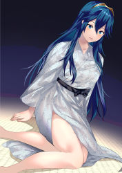 Rule 34 | 1girl, alternate costume, ameno (a meno0), bad id, bad twitter id, bare legs, blue eyes, blue hair, blush, collarbone, fire emblem, fire emblem awakening, hair between eyes, highres, japanese clothes, long hair, looking at viewer, lucina (fire emblem), nintendo, open mouth, simple background, sitting, solo, symbol-shaped pupils, thighs, tiara