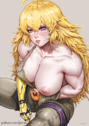 Rule 34 | 1girl, alternate muscle size, big hair, blonde hair, breasts, collarbone, hair between eyes, highres, kuon (kwonchanji), large breasts, muscular, muscular arms, muscular female, muscular legs, one breast out, prosthesis, prosthetic arm, purple eyes, rwby, simple background, sitting, sweat, tongue, tongue out, unzipping, yang xiao long