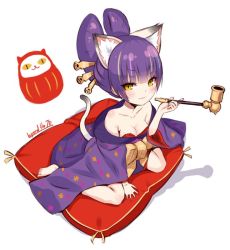 Rule 34 | 10s, 1girl, :3, animal ears, arm support, bad id, bad twitter id, bare shoulders, barefoot, blunt bangs, blush, body blush, breasts, cat ears, cat tail, cleavage, darudayu (show by rock!!), daruma doll, eyeshadow, folded ponytail, from above, full body, hair ornament, hair stick, holding, japanese clothes, kimono, kiseru, looking at viewer, makeup, nidy, off shoulder, oiran, pillow, purple hair, sash, shadow, show by rock!!, signature, simple background, sitting, sitting on pillow, slit pupils, small breasts, smile, smoking pipe, solo, tail, wariza, white background, yellow eyes
