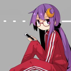 Rule 34 | 1girl, alternate costume, asameshi, bespectacled, cellphone, commentary request, contemporary, crescent, crescent hair ornament, glasses, grey background, hair ornament, holding, holding phone, jacket, knee up, long hair, long sleeves, looking at viewer, pants, patchouli knowledge, phone, purple eyes, purple hair, red-framed eyewear, red jacket, red pants, red track suit, simple background, sitting, smartphone, solo, touhou, track jacket, track pants