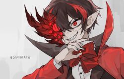 Rule 34 | 1boy, black nails, bow, bowtie, brown hair, coat, dress shirt, evil grin, evil smile, extra eyes, friedbirdchips, grin, hand up, high collar, highres, jacket, jewelry, library of ruina, lobotomy corporation, multicolored hair, nosferatu (project moon), pointy ears, project moon, red bow, red coat, red eyes, red hair, ring, sharp teeth, shirt, short hair, slit pupils, smile, streaked hair, suit jacket, teeth, tuxedo, upper body, vampire, veins