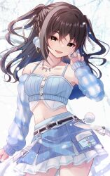 Rule 34 | 1girl, bare shoulders, belt, black belt, black hair, blue nails, blue shirt, blue skirt, blue sleeves, blurry, blurry background, blush, breasts, brown eyes, collarbone, cowboy shot, cropped shirt, detached sleeves, dot nose, earrings, floating hair, hair between eyes, hand up, idolmaster, idolmaster cinderella girls, idolmaster cinderella girls starlight stage, jewelry, long hair, long sleeves, looking at viewer, medium breasts, midriff, mole, mole under eye, nail polish, navel, necklace, open mouth, plaid, plaid skirt, pleated skirt, pom pom (clothes), pom pom earrings, rocomani, sharp teeth, shirt, skirt, sleeveless, sleeveless shirt, smile, snowing, solo, standing, sunazuka akira, teeth, tree, twintails, white background