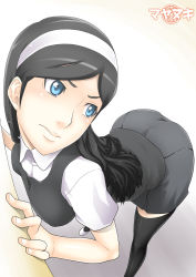 Rule 34 | 10s, 1girl, against wall, black hair, black thighhighs, blue eyes, blush, breasts, hairband, highres, hornet (artist), kumashiro maya, large breasts, legs, long hair, looking back, seikimatsu occult gakuin, simple background, solo, standing, thighhighs, thighs