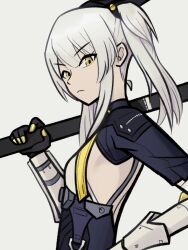 Rule 34 | 1girl, black bodysuit, bodysuit, breasts, from side, ghxstfood, grey background, grey bodysuit, grey hair, headgear, highres, holding, holding weapon, huge weapon, karenina: scire (punishing: gray raven), karenina (punishing: gray raven), long hair, looking at viewer, mechanical arms, punishing: gray raven, sideboob, sidelocks, small breasts, solo, twintails, weapon, yellow eyes