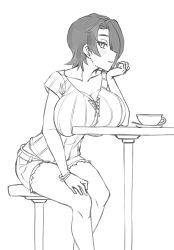 Rule 34 | 1girl, blush, bracelet, breast rest, breasts, breasts on table, casual, cleaver, collarbone, commentary, cup, cutoffs, elbow rest, english commentary, greyscale, jewelry, large breasts, looking at viewer, monochrome, original, profile, saya (twrlare), short hair, short shorts, short sleeves, shorts, sitting, smile, solo, stool, table, teacup, twrlare