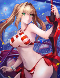 Rule 34 | 1girl, ahoge, bikini, blonde hair, blush, bracelet, car, character name, closed mouth, collarbone, day, earrings, fate/grand order, fate (series), green eyes, hair intakes, halterneck, highres, holding, holding sword, holding weapon, jewelry, long hair, looking at viewer, motor vehicle, nero claudius (fate), nero claudius (fate) (all), nero claudius (swimsuit caster) (fate), omoti (1201208), outdoors, red bikini, side-tie bikini bottom, smile, solo, standing, striped bikini, striped clothes, swimsuit, sword, thighs, twintails, weapon