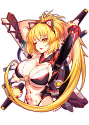 Rule 34 | 1girl, abs, animal ears, arms behind head, arms up, blonde hair, breasts, cat ears, cleavage, cropped torso, hair between eyes, headgear, huge breasts, ichiban renga, long hair, looking at viewer, machinery, mecha musume, midriff, navel, o-ring, o-ring top, one eye closed, open mouth, original, pixiv id, ponytail, revealing clothes, scar, scar across eye, scar on face, sidelocks, simple background, solo, underboob, upper body, very long hair, white background, yellow eyes