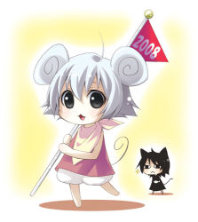Rule 34 | 00s, 1girl, 2008, :&lt;, :3, :d, ahoge, animal ears, black eyes, black hair, bloomers, blush, bomi, cat ears, cat tail, chibi, dress, fish, flag, holding, looking at viewer, lowres, mouse ears, mouse tail, new year, open mouth, original, scarf, shadow, short hair, silver hair, sleeveless, smile, solo, sparkle, standing, tail, underwear