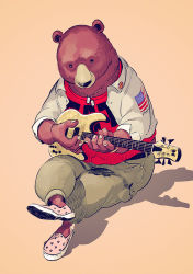 Rule 34 | 1other, bear, black eyes, dog tags, guitar, instrument, jacket, jewelry, looking at viewer, music, necklace, no humans, original, pants, pink background, playing instrument, pomodorosa, shadow, sitting, slippers, united states