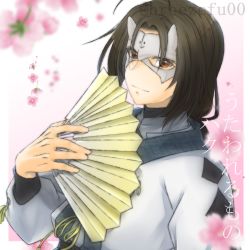 Rule 34 | 1boy, ainu clothes, aquaplus, breezefu00, brown eyes, brown hair, cherry blossoms, closed mouth, from side, gradient eyes, haku (utawarerumono), hand fan, holding, holding fan, holding weapon, long sleeves, looking at viewer, mask, medium hair, multicolored eyes, parted bangs, pink theme, sidelocks, signature, smug, solo, spoilers, translation request, upper body, utawarerumono, utawarerumono: futari no hakuoro, weapon