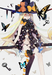 Rule 34 | 1girl, abigail williams (fate), abigail williams (second ascension) (fate), black bow, black panties, blonde hair, bow, bug, butterfly, facial mark, fate/grand order, fate (series), forehead mark, hat, hat bow, highres, insect, key, keyhole, long hair, orange bow, panties, parai0, polka dot, polka dot bow, red eyes, revealing clothes, simple background, single thighhigh, sitting, solo, thighhighs, underwear, very long hair, white background, witch hat