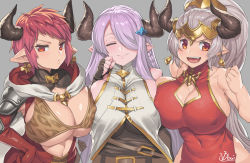 Rule 34 | 10s, 3girls, aliza (granblue fantasy), asymmetrical gloves, black gloves, blush, braid, breast press, breasts, china dress, chinese clothes, cleavage, cleavage cutout, clothing cutout, covered erect nipples, covered navel, draph, dress, earrings, elbow gloves, gloves, granblue fantasy, hair ornament, hair over one eye, hand on own hip, horns, huge breasts, jewelry, large breasts, light purple hair, long hair, looking at viewer, multiple girls, narmaya (granblue fantasy), obui, open mouth, pointy ears, ponytail, red eyes, red hair, short hair, side braid, silver hair, single braid, sturm (granblue fantasy), symmetrical docking, underboob, uneven gloves, upper body