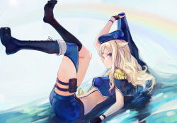 Rule 34 | 1girl, bad id, bad pixiv id, beret, black footwear, blonde hair, blue legwear, boots, commentary, crop top, cross-laced footwear, epaulettes, fingerless gloves, full body, gloves, hat, highres, himehina channel, knee boots, lace-up boots, long hair, looking at viewer, lying, multicolored hair, navel, on back, purple eyes, rainbow, short shorts, shorts, sidelocks, skindentation, solo, stomach, streaked hair, suzuki hina, thigh strap, thighs, unworn boot, unworn boots, virtual youtuber, wavy hair, z.boat