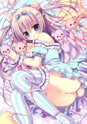 Rule 34 | 1girl, animal ears, bad id, bad pixiv id, bare shoulders, bear ears, bear tail, blue eyes, bow, brown hair, cushion, dress, finger to mouth, frilled dress, frilled pillow, frilled thighhighs, frills, hair bow, hair ornament, hairclip, hasune (hasuneya), long hair, lying, on side, original, panties, pillow, puffy short sleeves, puffy sleeves, ribbon, short sleeves, solo, star (symbol), striped bow, striped clothes, striped thighhighs, stuffed animal, stuffed toy, tail, teddy bear, thighhighs, two side up, underwear, very long hair, white panties, wrist cuffs, x hair ornament