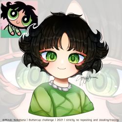 Rule 34 | 1girl, artist name, black hair, blush, buttercup (ppg), buttercup redraw challenge (meme), dated, derivative work, green eyes, green pajamas, highres, looking at viewer, meme, messy hair, mizuki nekohana, pajamas, parted bangs, powerpuff girls, reference inset, screenshot inset, screenshot redraw, short hair, signature, smile, solo, zoom layer