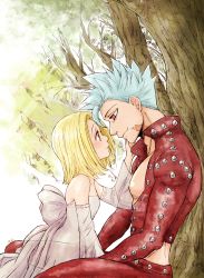 Rule 34 | 1boy, 1girl, against tree, back bow, ban (nanatsu no taizai), blonde hair, blue hair, bow, closed mouth, couple, crop top, detached sleeves, dress, elaine, elaine (nanatsu no taizai), eye contact, flat chest, hair intakes, harumiya, hetero, highres, jacket, long dress, long sleeves, looking at another, midriff, nanatsu no taizai, open clothes, open jacket, profile, red eyes, red jacket, ribbon-trimmed sleeves, ribbon trim, scar, short hair, sketch, sleeveless, sleeveless dress, smile, spiked hair, strapless, strapless dress, transparent, tree, white bow, white dress, white sleeves