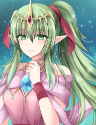 1girl blue_gemstone breasts character_request check_character closed_mouth dress fire_emblem gem green_eyes green_hair hair_ribbon hand_up headpiece highres kirishima_riona long_hair looking_at_viewer medium_breasts nintendo pink_dress pointy_ears ponytail red_ribbon ribbon smile solo tiki_(fire_emblem) very_long_hair