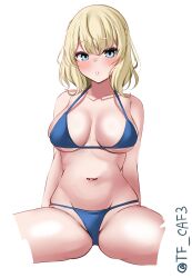 Rule 34 | 1girl, alternate costume, bare shoulders, bikini, blonde hair, blue bikini, blue eyes, blush, breasts, cleavage, colorado (kancolle), commentary request, highres, kantai collection, medium hair, navel, one-hour drawing challenge, parted lips, solo, swimsuit, tf cafe, twitter username