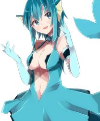 Rule 34 | 1girl, blue eyes, blue hair, breasts, center opening, cleavage, creatures (company), elbow gloves, fins, game freak, gen 1 pokemon, gloves, head fins, large breasts, matching hair/eyes, mermaid, monster girl, navel, nintendo, personification, pokemon, short hair, solo, takeshima eku, vaporeon, white background