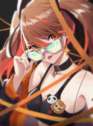 Rule 34 | 1girl, adjusting eyewear, bare shoulders, black bra, bra, breasts, brown hair, choker, cleavage, closed mouth, collarbone, hair between eyes, hand up, highres, jacket, long hair, looking at viewer, orange eyes, orange nails, ranyu, re:act, shishigami leona, small breasts, solo, sunglasses, tongue, tongue out, twintails, underwear, upper body, virtual youtuber