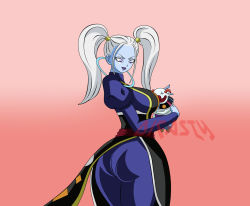 Rule 34 | 10s, 1girl, angel (dragon ball), ass, blue skin, breasts, colored skin, dicasty, dragon ball, dragon ball super, female focus, large breasts, long hair, marcarita (dragon ball), parted lips, purple eyes, size difference, smile, solo, standing, text focus, twintails, vermoud, white hair