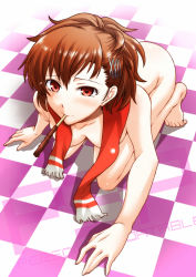 Rule 34 | 1girl, all fours, atlus, barefoot, bent over, blush, brown hair, checkered floor, floor, food, hair ornament, hairclip, mouth hold, naked scarf, nude, persona, persona 3, persona 3 portable, perspective, pocky, red eyes, scarf, segami daisuke, shiomi kotone, solo