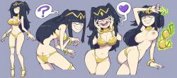 Rule 34 | 1girl, :d, ?, alternate costume, ass, bikini, black hair, blunt bangs, breasts, butt crack, cleavage, commentary, crossed legs, english commentary, fire emblem, fire emblem awakening, full body, gold bikini, heart, highres, large breasts, long hair, looking at viewer, looking back, navel, nintendo, nipples, open mouth, smile, spoken heart, spoken question mark, stealth brock, swimsuit, tharja (fire emblem), tiara